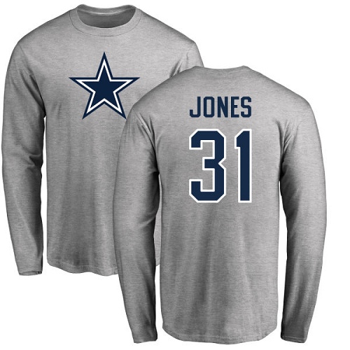 Men Dallas Cowboys Ash Byron Jones Name and Number Logo #31 Long Sleeve Nike NFL T Shirt->nfl t-shirts->Sports Accessory